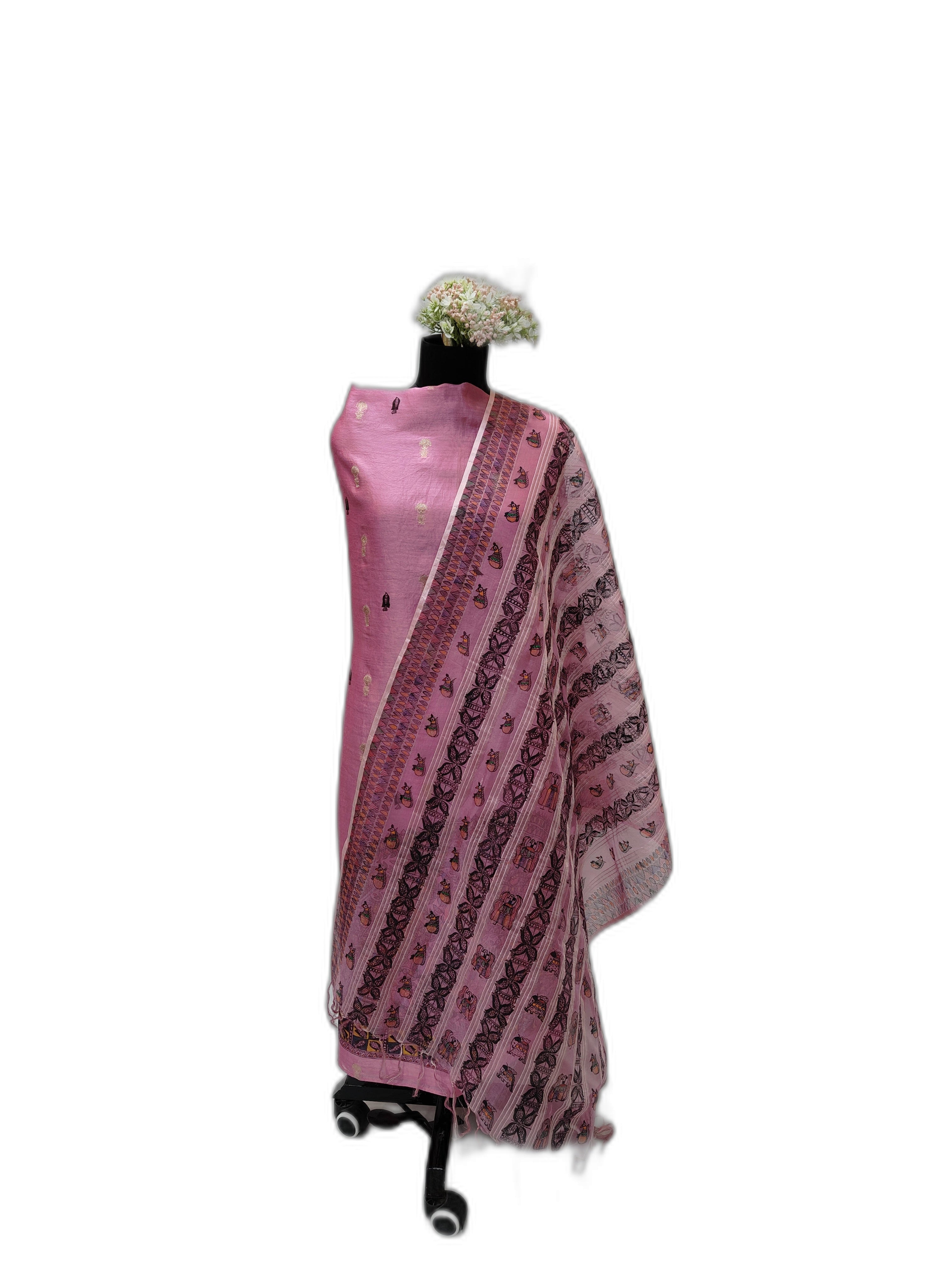Hand-Painted Madhubani Unstitched Chanderi Suit Set with Organza Dupatta – Elegance in Pink and Zari